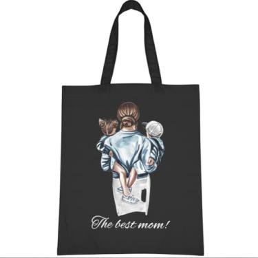 Imagem de Eyesart Fashion Bolsa feminina estética fofa para livros florais com bolso interno com zíper para compras (ilustração de mãe e filhos, preta)