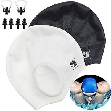 Imagem de Toucas de natação unissex, 2 unidades de toucas de natação de silicone para cabelos curtos/longos com tampões de ouvido e clipe de nariz, chapéu de natação flexível à prova d'água para mulheres