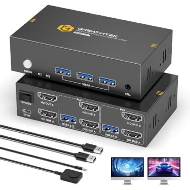Imagem de Interruptor HDMI KVM 8K, 2 monitores, 2 computadores, 8 K @ 60 Hz USB3.0, dois monitores, interruptores KVM para 2 PC/laptops, compartilham mouse teclado e 2 telas, com 2 cabos USB/controlador