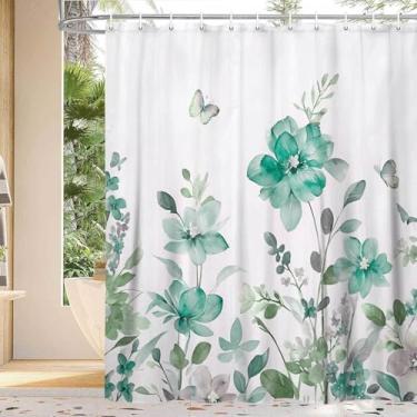 Imagem de YDIDIAN Cortina de chuveiro floral azul-petróleo, lavanda floral, borboleta, boêmio, cortinas de chuveiro para banheiro, conjunto de cortina de chuveiro de tecido bonito com flores Farmhous com 12
