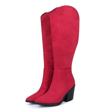 Imagem de Hawkwell Bota feminina de camurça na altura do joelho salto alto bloco grosso clássico despojado moda bico fino zíper lateral bota alta, Vermelho, 38