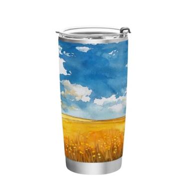 Imagem de Blueangle Copo de 590 ml com tampa e canudo, copo de café com água isolada a vácuo de aço inoxidável, caneca de viagem de campo amarelo, copo térmico para bebidas quentes e frias (323)