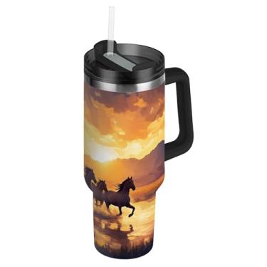 Imagem de SEHANY Copo Majestic Horse de 850 g com tampa e canudo, aço inoxidável de vácuo duplo isolado garrafa de água esportiva suporte de copo de café de viagem à prova de vazamento para bebida gelada