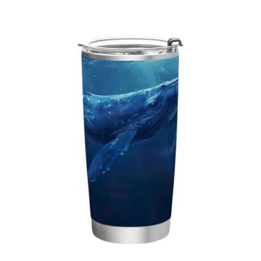 Imagem de Blueangle Copo de 590 ml com tampa e canudo, copo de café com água isolada a vácuo de aço inoxidável, caneca de viagem de baleia azul, copo térmico para bebidas quentes e frias (602)