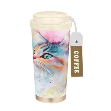 Imagem de SEHANY Caneca de viagem de gato gatinho fofo de 482 g xícaras de café reutilizáveis revestidas de cerâmica com tampa à prova de vazamento, parede dupla, isolamento a vácuo, copo de café de aço