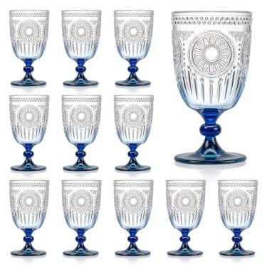 Imagem de XUWAIDSGN 12 peças de copos de vinho vintage de plástico 382 g copos de cálice em relevo azul gradiente retrô copos de vinho inquebráveis com haste champanhe copos de água para vinho, coquetel, suco