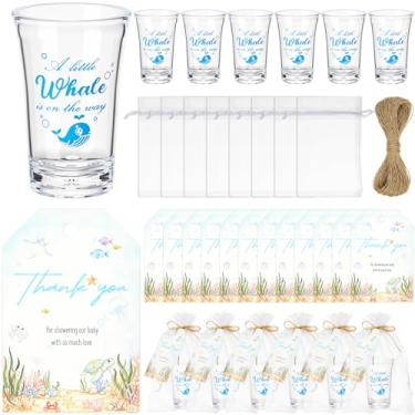 Imagem de Sliner 48 conjuntos de copos de shot de chá de bebê para presente a granel para convidados incluem copos de shot de acrílico de 40 g a Little Whale ls on The Way e bolsa de organza de cartão para