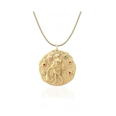 Imagem de Colar vintage com pingente do zodíaco martelado para mulheres, corrente de cobra de aço inoxidável ouro 18K com zircônia cúbica colorida, presente de joia de constelação, Small, Metal, Zircônia cúbica