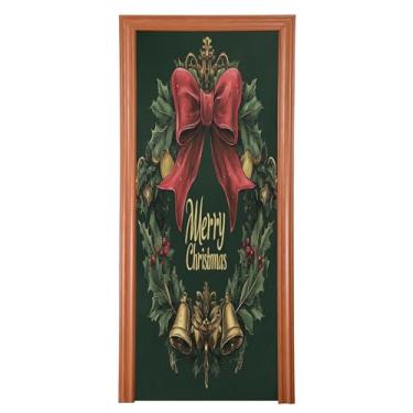 Imagem de SEHANY Capa de porta de sinos de guirlanda de Natal, decoração externa, tecido de alta elasticidade, capa de porta de Natal, faixa de Natal, capa de porta para porta da frente, festa festiva