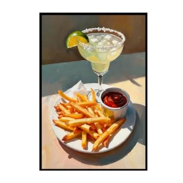 Imagem de Arte de parede engraçada em tela Margarita e batatas fritas 40,6 x 61 cm sem moldura, pôster de comida de cozinha, decoração de carrinho de bar de coquetel, pintura a óleo de bebida alcoólica, arte
