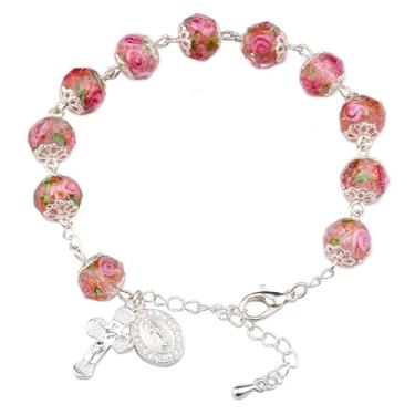 Imagem de HELLOWIN Pulseira feminina de rosário católico com pingente de crucifixo e medalha de guadalupe com caixa de presente, 8mm*10mm, Vidro Murano, Sem Pedra Preciosa