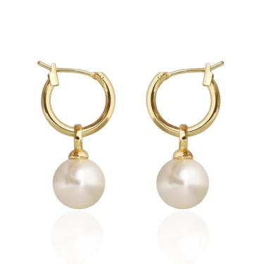 Imagem de Brincos femininos com pingente de pérola banhada a ouro 14 K, brincos de argola de pérola banhados a ouro 14K, hipoalergênicos, delicados, joias de casamento, presentes para mulheres, moda na moda