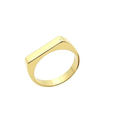 Imagem de Fuqimanman2020 Anel clássico de aço inoxidável 316L quadrado com sinete plano, banhado a ouro, empilhamento geométrico, para mulheres, homens, casal, minimalista, joia de noivado, Ouro, aço