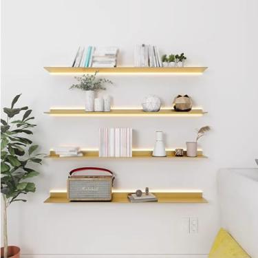Imagem de Prateleiras de parede flutuantes, prateleiras de parede flutuantes com placa de luz quente LED Rack de exibição de parede luminoso divisórias decorativas montadas na parede (ouro, 80 x 20 x 6 cm)