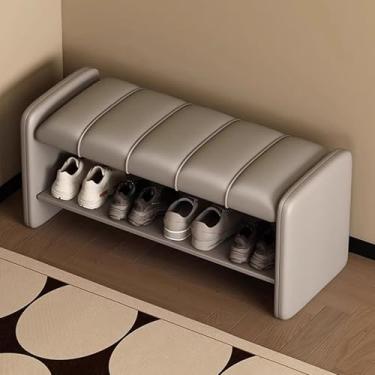 Imagem de Banco de sapateira de entrada de 2 camadas com assento de couro PU, organizador de armazenamento de corredor elegante com moldura de metal, ideal para decoração de quarto e sala de estar