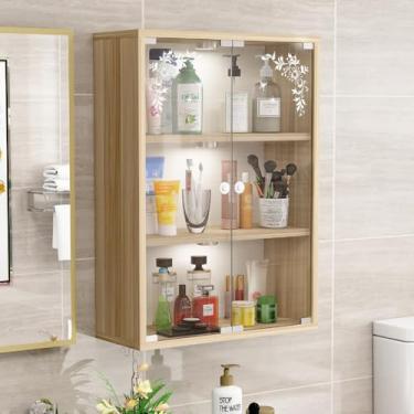 Imagem de Porta de vidro transparente armário de parede de madeira, suporte de exibição de 2/3 níveis e organizador de armazenamento para casa, banheiro, escritório e sala de estar - Solução de decoração que