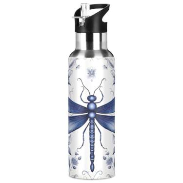 Imagem de Burbuja Garrafa de água de aço inoxidável Indigo Dragonfly, garrafas de água isoladas a vácuo com tampa de canudo para esportes, academia, escola - à prova de vazamento e suor, sem BPA, 946 ml