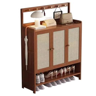 Imagem de Armário de sapatos de 6 níveis com portas, organizador de sapateira de bambu com ganchos no armário superior extra largo 32 cm para entrada, corredor e sala de estar