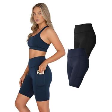 Imagem de Kit 2 Bermudas Fitness Feminina Bolsos Laterais Para Celular Cor:Azul 