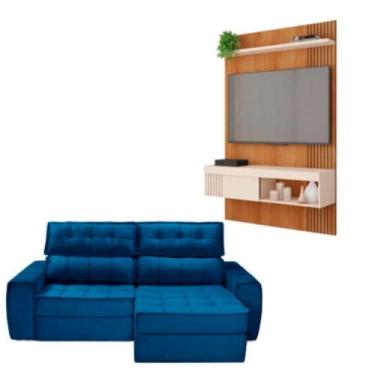 Imagem de Kit Sofá América 3 Lugares Com Painel Jade Caemmun Azul/freijo/off Whi