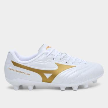 Imagem de Chuteira Campo Mizuno Regent Club Masculina, Branco, Dourado, 41