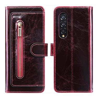 Imagem de YINGDAFENG Capa carteira para Samsung Galaxy Z Fold 4, capa flip de couro com zíper magnético à prova de choque com suporte de slot para cartão e proteção da câmera interna de PC, vermelho
