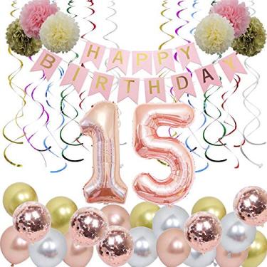 Imagem de Artigos de decoração de aniversário de 15 anos de ouro rosa, 15 balões de alumínio, faixa de feliz aniversário, espirais para pendurar, flores de pompom, balões cromados metálicos,