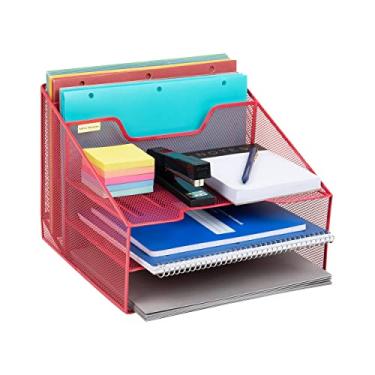Imagem de Mind Reader Organizador de mesa, suporte de arquivo vertical, bandejas de papel, espaço de trabalho, escritório, malha de metal, 30 cm C x 28 cm L x 24 cm A, vermelho