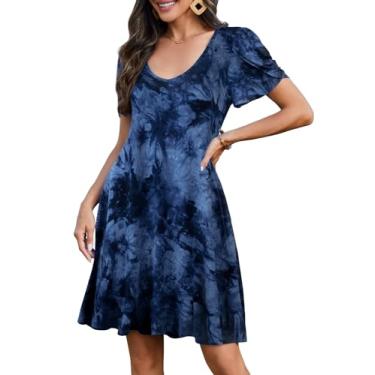 Imagem de JollieLovin Vestido feminino casual de verão 2024 com decote em V plus size camiseta de manga curta vestido de sol solto, T09-azul-escuro, 2X