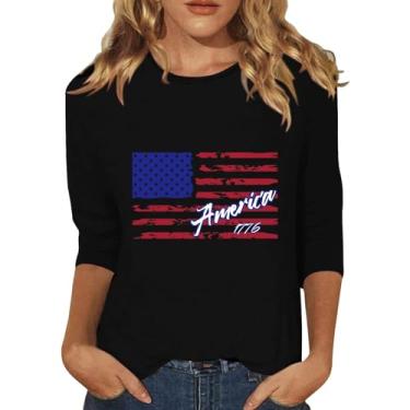 Imagem de Camisetas femininas com bandeira americana de verão 4 de julho camisetas de manga 3/4 Land of the Free Tops Patriotic Memorial Day, Preto, G