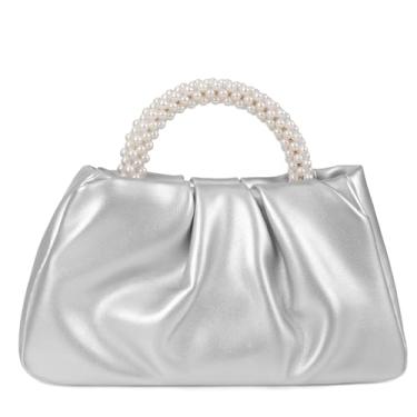 Imagem de Youjaree Bolsas de mão plissadas femininas de couro macio para noite bolsas de pérolas para casamento, festa de casamento, formatura, Prata