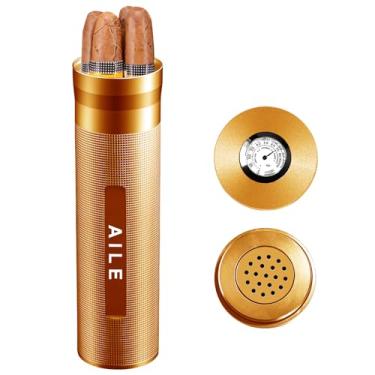 Imagem de AILE Umidor de aço inoxidável para charutos, caixa de charuto, prata para viagem, tubo para 3 a 4 charutos, caixa de charutos portátil, higrômetro de charuto, ótimo presente para o amante (dourado)