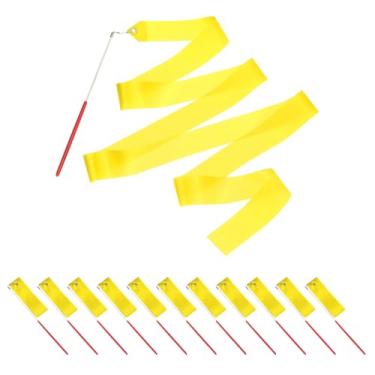 Imagem de PATIKIL Fitas de dança, pacote com 14, serpentinas de dança de ginástica de 78,7 polegadas com varinha antiderrapante para presentes, dança, shows de talentos, bastão girando, amarelo