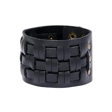Imagem de Fusamk Pulseira Punk Rock Snap trançada de couro largo, One Size, liga metálica, Sem pedras preciosas