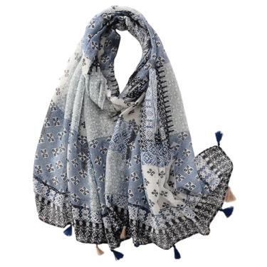 Imagem de Cachecol feminino |Xaile de algodão macio e sensação de linho lenços femininos com estampa geométrica étnica cachecol de viagem com franjas, xale grande elegante para mulheres, presente elegante, azul