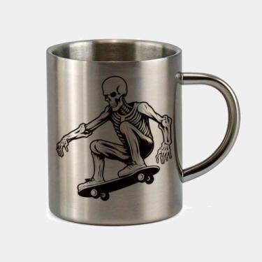 Imagem de Caneca de Inox Premium Prateada 400ml CAVEIRA SKATE ESQUELETO PRETO E 