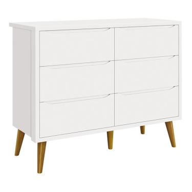 Imagem de Cômoda Infantil Theo 6 Gavetas Branco Fosco Com Pés Amadeirado - Reller Móveis Branco Fosco