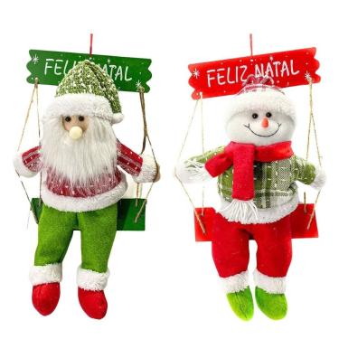 Imagem de Jogo Papai Noel E Boneco De Neve Gangorra Madeira Pelúcia Tricô Xadrez Vermelho E Verde 40cm