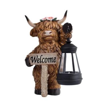 Imagem de Gralara Estátua de vaca Terras Altas, escultura animal com lanterna solar, artesanato, presentes, ornamento, lâmpada de paisagem para quintal, pátio, Lanterna Direita