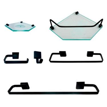 Imagem de Kit Para Banheiro Platinum Luxo Preto Vidro Sextavado Incolor - Landi 