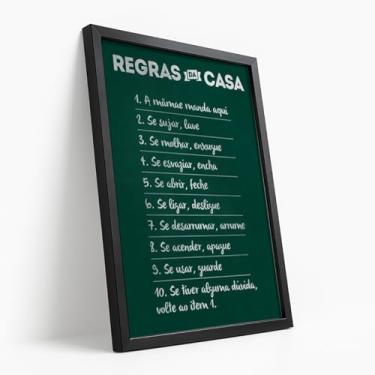 Imagem de Quadro Decorativo Regras da Casa Com Moldura Frase Divertida Lousa Verde Familiar Engraçado Lista Cozinha Mãe Família Organização Criativa