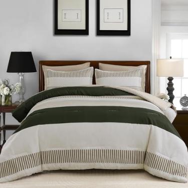 Imagem de Edredom de tamanho casal, verde oliva, listrado para meninos e meninas, cama em uma bolsa, estilo neutro simples, conjunto de cama para crianças e adolescentes