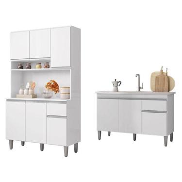 Imagem de Balcão De Pia Tatiane 120 Cm E Armário Cozinha Kit Márcia Branco Brilho - Ajl