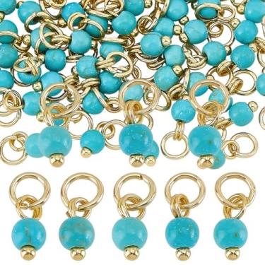 Imagem de PH PandaHall Pingentes Turquesa, 48 peças, pingentes redondos sintéticos, turquesa, pingente de pedra preciosa de 4 mm, pingente de gota de pedra azul com anéis de salto de prata para fazer joias