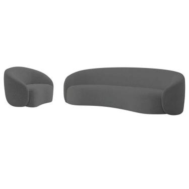 Imagem de Kit Sofá 3 Lugares 200cm E Poltrona Orgânica Luxo Recepção Amore Linho Cinza Escuro