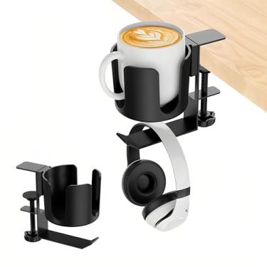 Imagem de Suporte de copo de mesa, suportes de mesa 2 em 1 com gancho de fone de ouvido, braçadeira de suporte de copo de mesa para garrafas de água, cadeiras de rodas, estações de trabalho, acessórios de mesa
