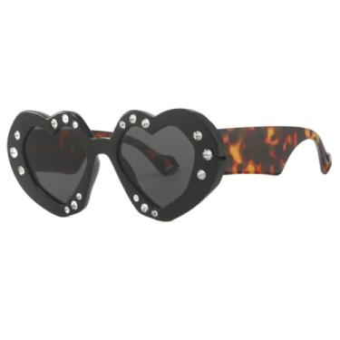 Imagem de Óculos de Sol Femininos de Luxo em Formato de Coração com Diamantes e Strass (C1PretoLeopardo-Preto)