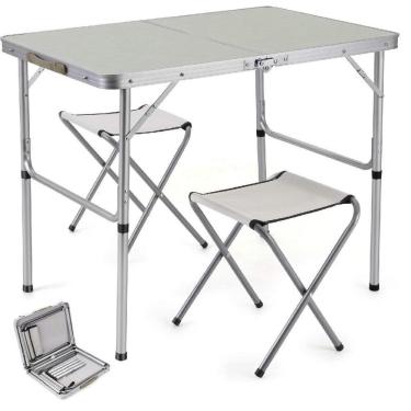Imagem de Mesa Dobravel Aluminio 2 Cadeiras Mesinha Praia Maleta Portatil Grande 90x60cm Altura Ajustavel