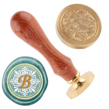 Imagem de Carimbo de selo de cera letra B cobre 25 mm vintage destacável selo de latão e cabo de madeira padrão carimbo cabeça carta convite cartão convite casamento presente pacote feriados