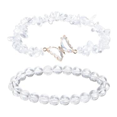 Imagem de PATIKIL Pulseiras de cristal para mulheres, 2 peças, pulseira de contas de ametista natural com pingente de borboleta elástica para presentes de amizade de casal, transparente